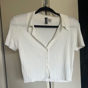 White Ribbed Cropped Button-Up Top M